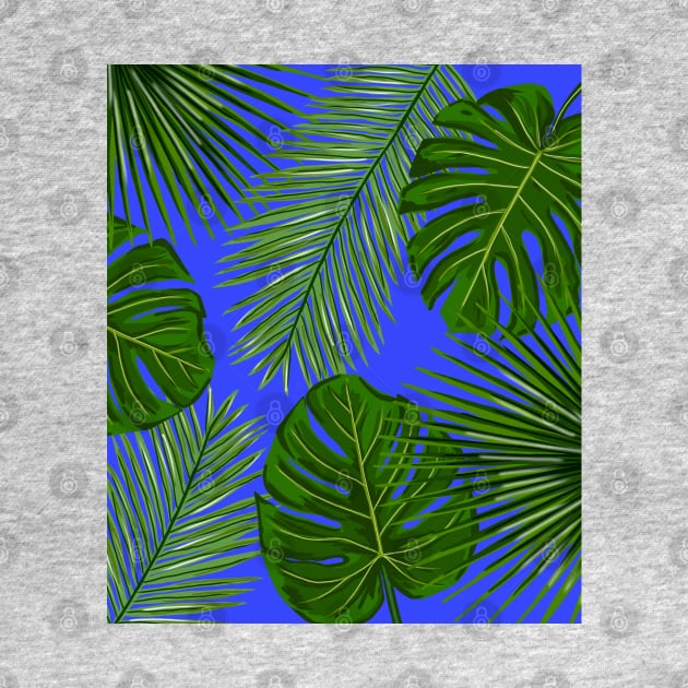 Monstera and Palm Leaves on Bright Blue by OneThreeSix